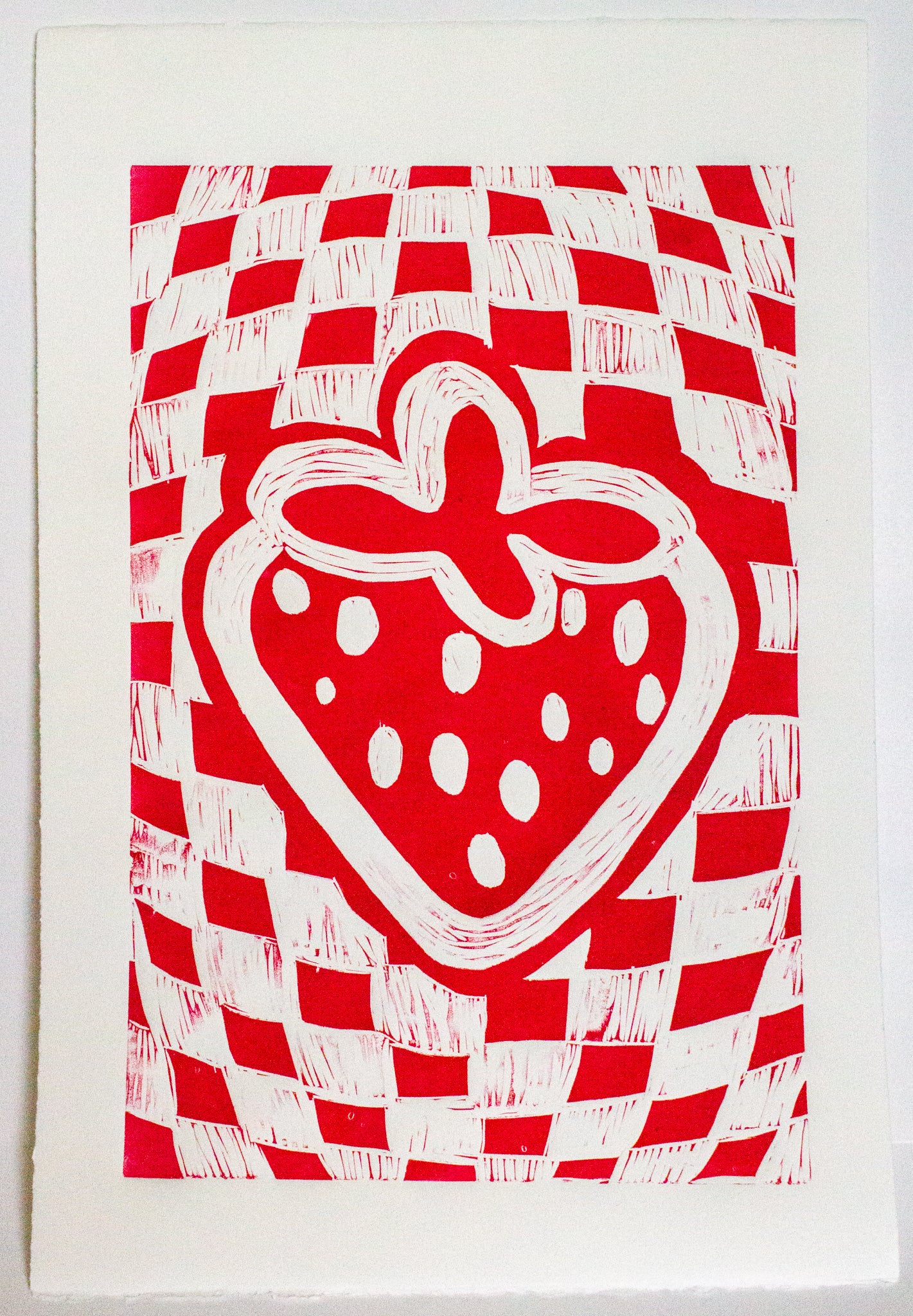 Checkered Strawberry Original Linocut Print