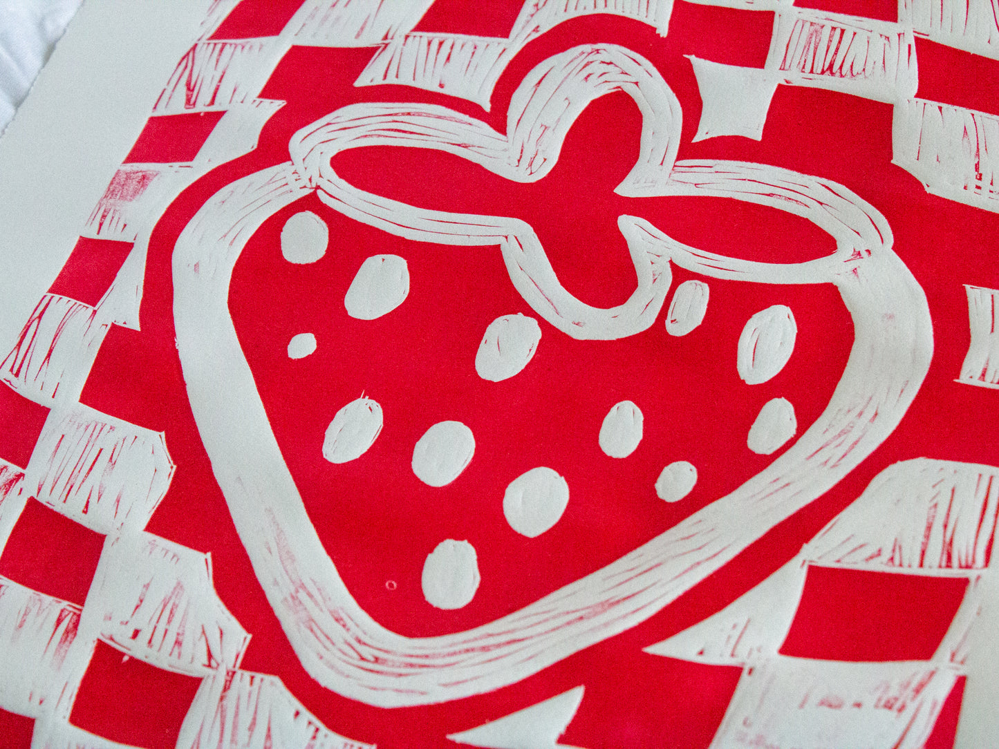 Checkered Strawberry Original Linocut Print