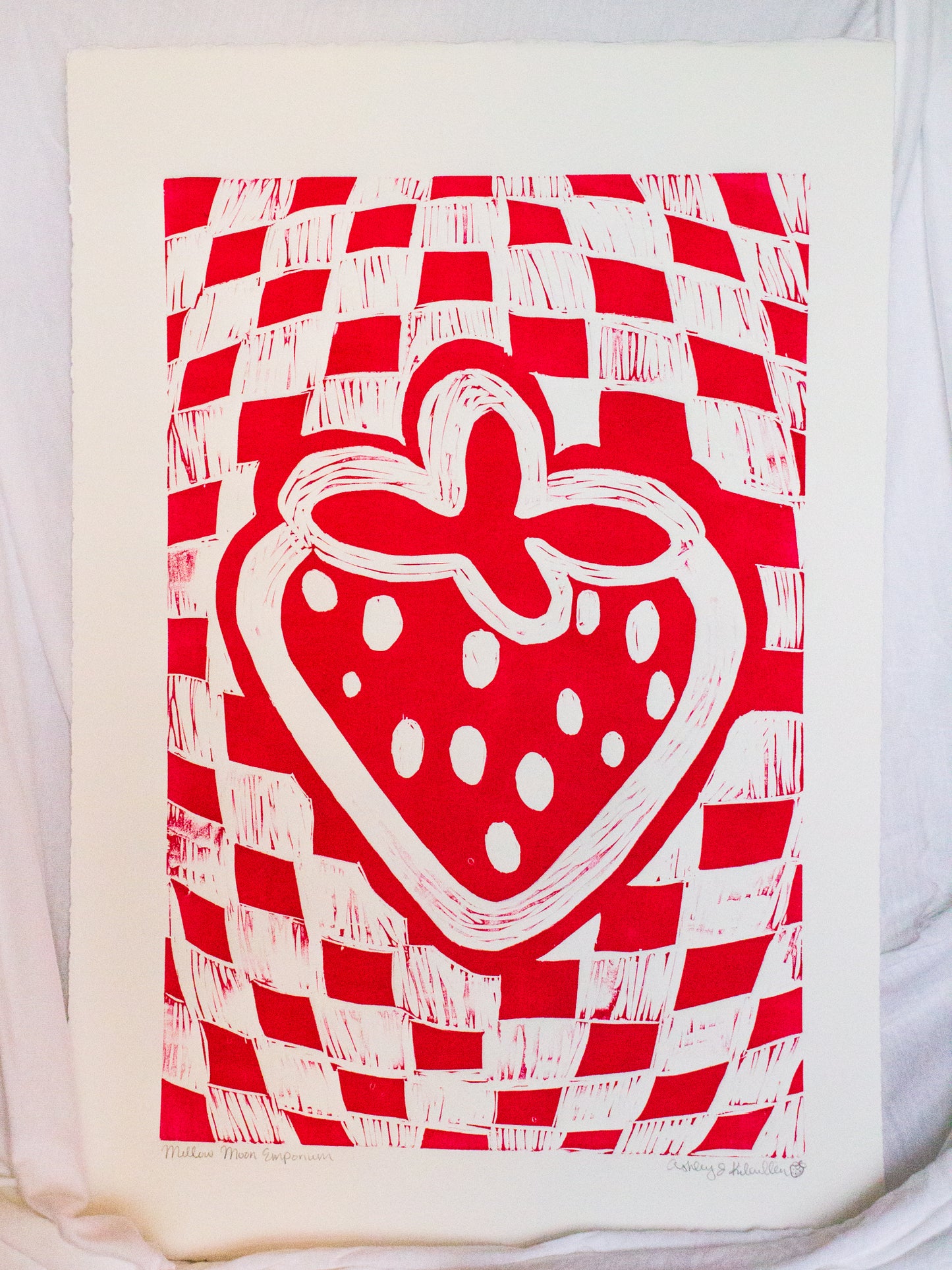 Checkered Strawberry Original Linocut Print
