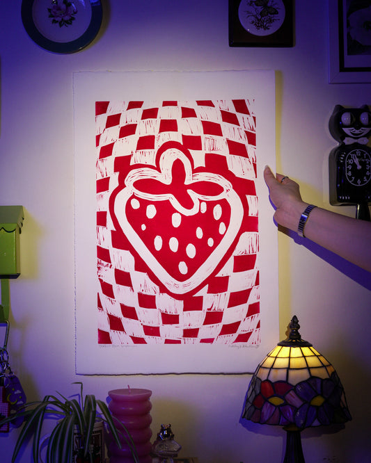 Checkered Strawberry Original Linocut Print