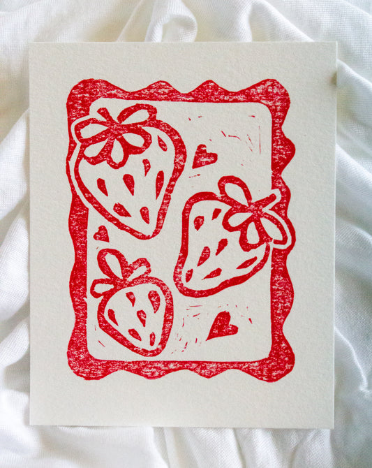 Strawberry Squiggle Original Linocut Print