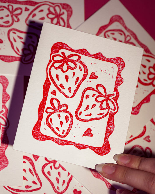 Strawberry Squiggle Original Linocut Print