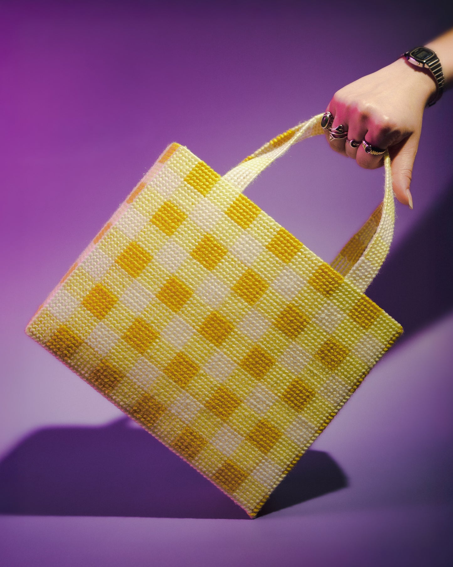 Yellow Gingham Needlepoint Bag
